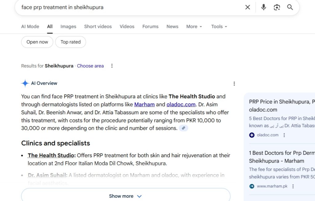 Face PRP treatment in sheikhupura